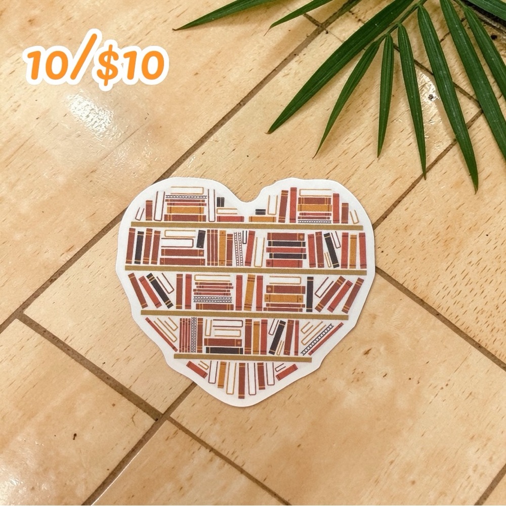 Bookshelf Heart Sticker – Book Lover Vinyl Decal | Library Aesthetic Sticker